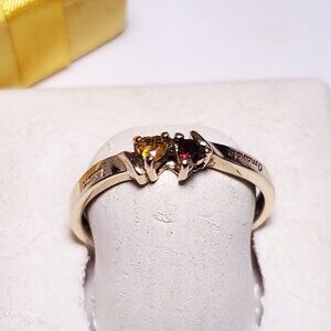 Estate .30ctw Natural Garnet and Citrine Heart Cut Dual 10Kt YG S-9.5 Ring#22582